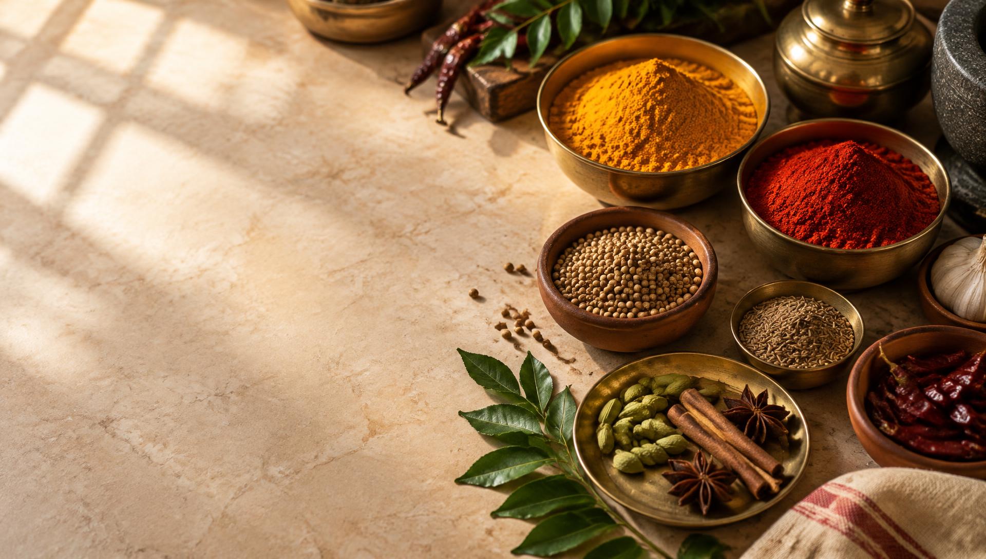 Bowls of turmeric, red chilli, coriander, cumin and whole spices on a kitchen counter